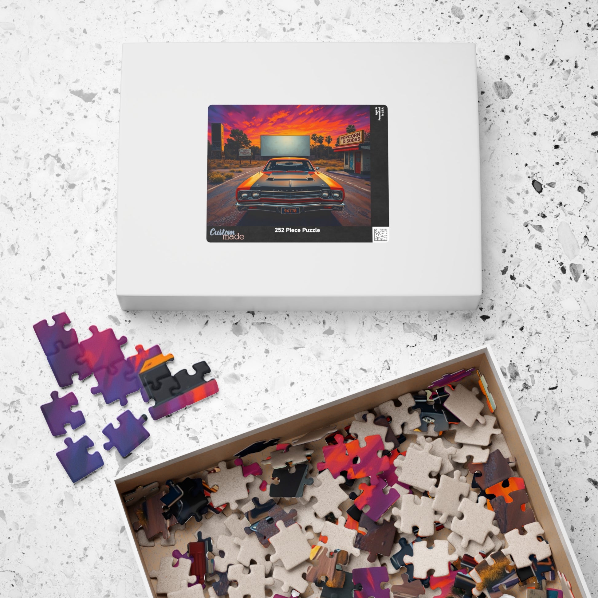 Vintage Car Puzzle, Orange 1969 Road Runner, Sunset Classic Vehicle Scene Nostalgic Drive-In Background Puzzle The Puzzle Chest