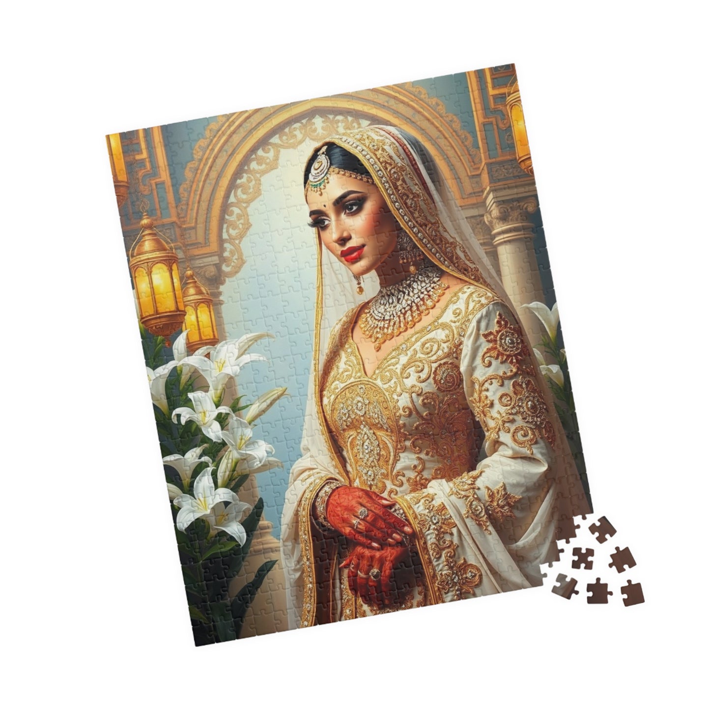 Middle Eastern Bride Puzzle with Gold Ivory Kaftan and Lanterns, Family Friendly Wedding Jigsaw Game, Mindful Activity, Puzzle Lover Gift Puzzle The Puzzle Chest