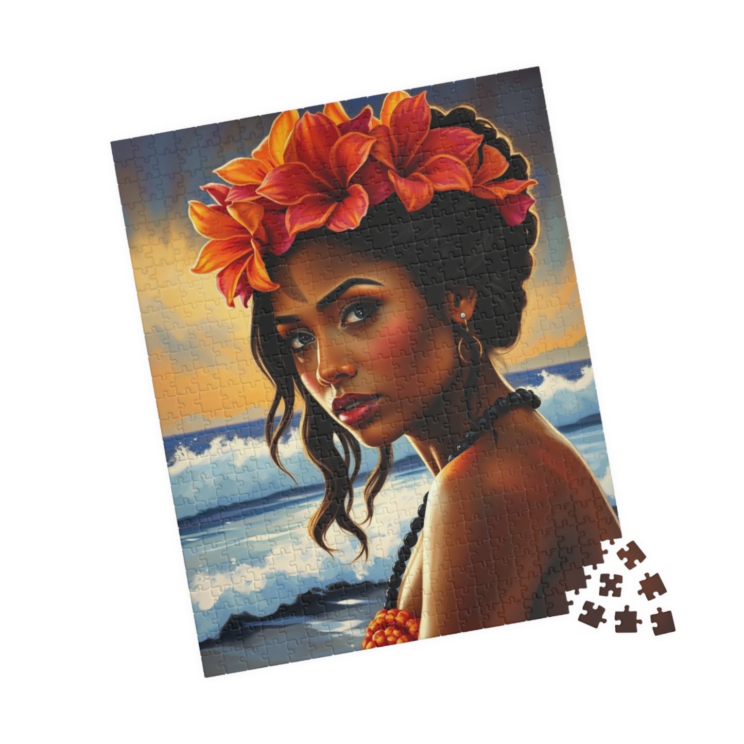 Close-Up Portrait Puzzle of Polynesian Woman, Beach Background Floral Crown Ocean Waves, Cultural Art Family Jigsaw Game, Puzzle Lover Gift Puzzle The Puzzle Chest