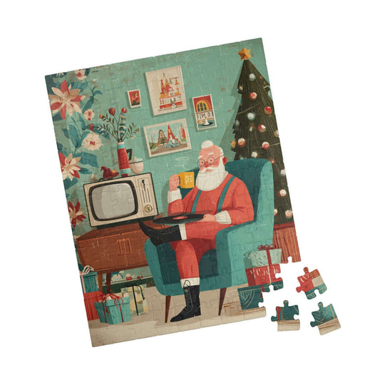 Christmas Puzzle - Santa's Cozy Livingroom Jigsaw, Retro Cartoon Illustration 110 pcs (Vertical) Puzzle The Puzzle Chest