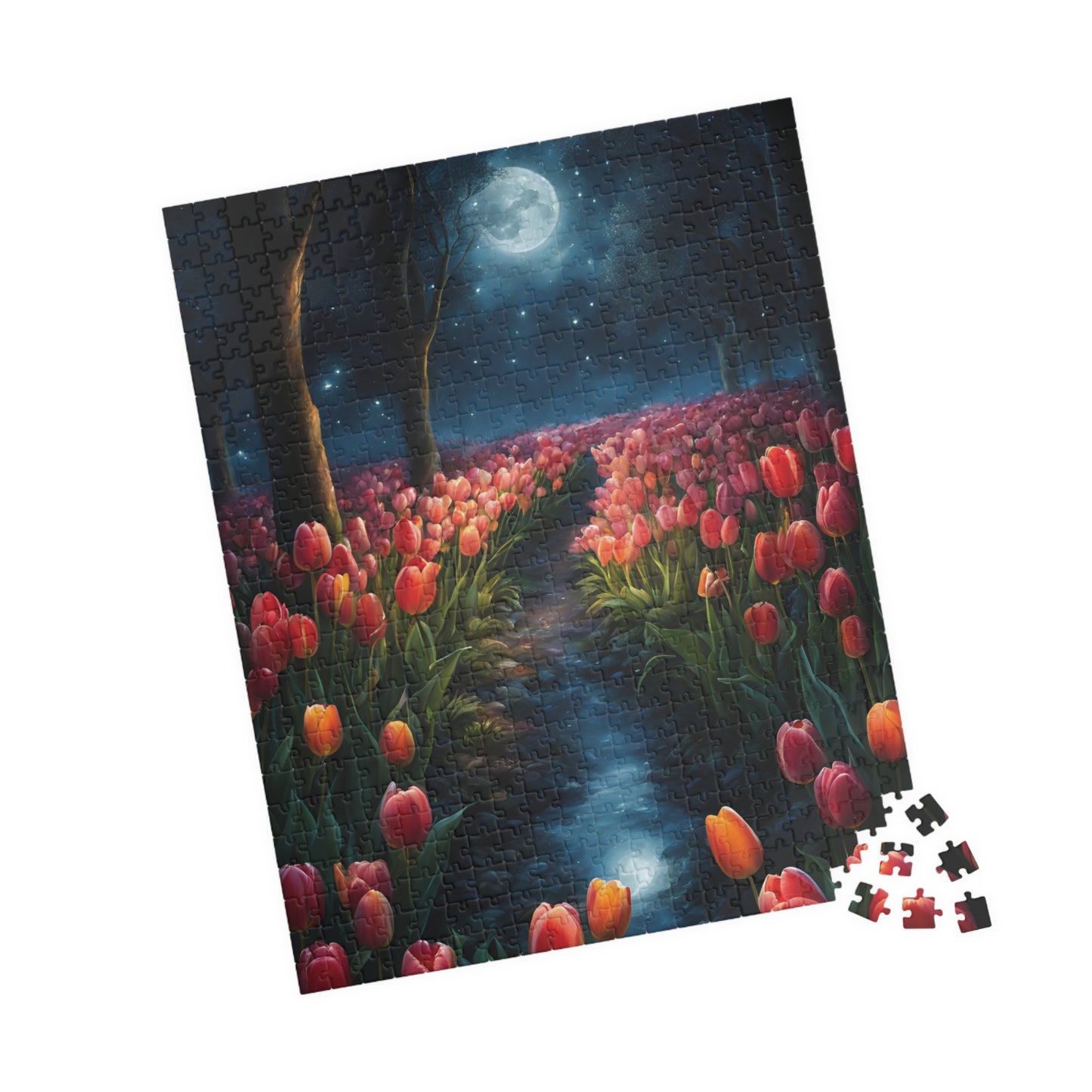Magical Nighttime Tulip Puzzle, Peaceful Floral Scene Under the Moon, Glowing Flowers and Tranquil River Jigsaw Game, Gift for Nature Lover Puzzle The Puzzle Chest