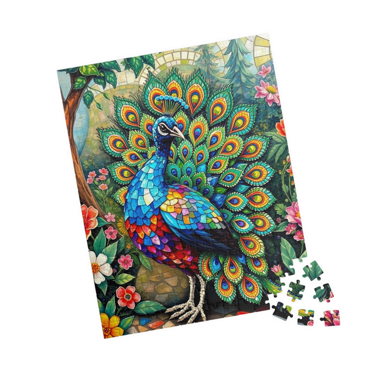 Mosaic Peacock Puzzle, Beautiful Fan-Tailed Bird in a Jewel-Toned Mosaic Art Garden Scene for Adults Teens, Gift for Animal Lover, Mindful Puzzle The Puzzle Chest