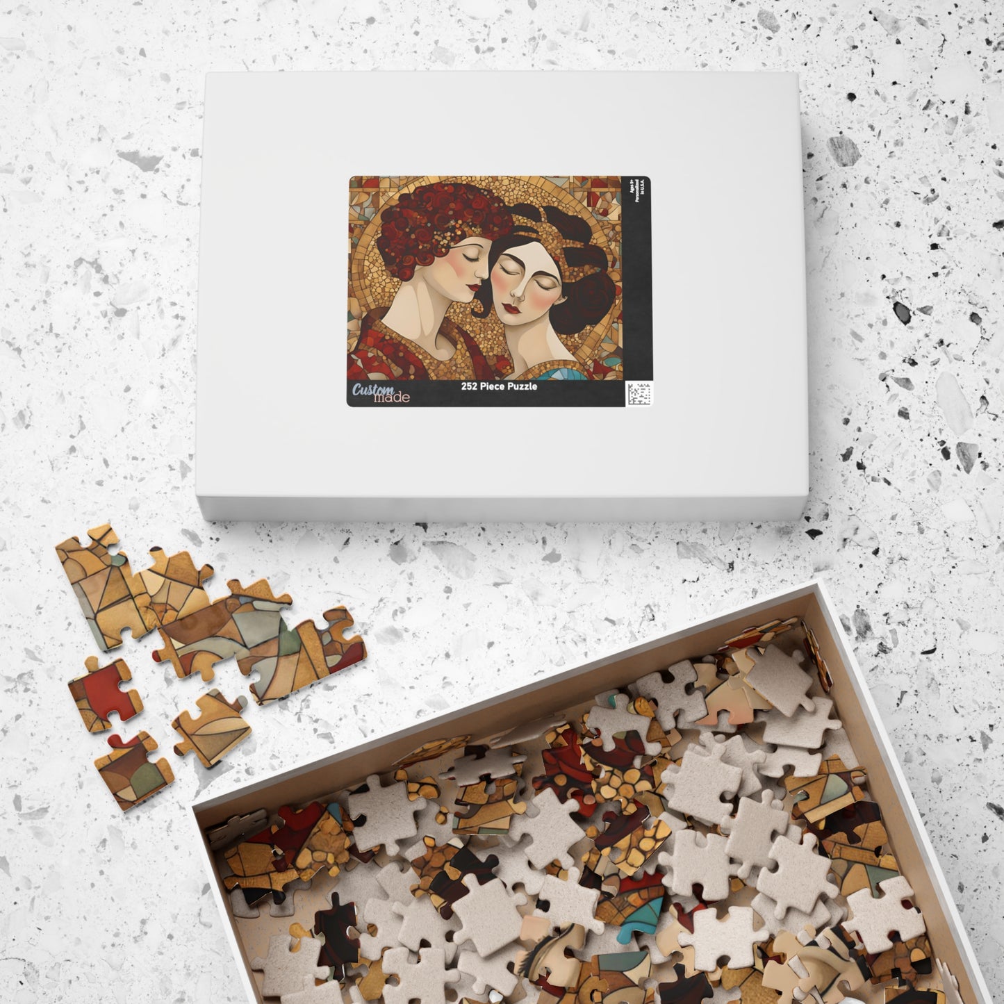 The Kiss Mosaic Jigsaw Puzzle, Klimt-inspired, Gold Accents Floral & Geometric Shapes Entwined Figures, Art Lover Gift Puzzle Enthusiast Puzzle The Puzzle Chest