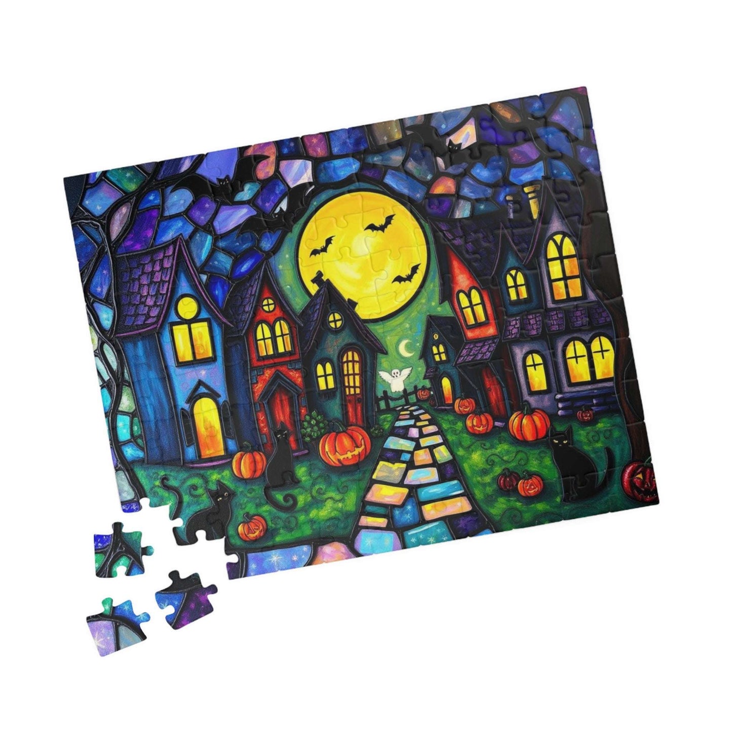 Halloween Puzzle for Adults - Spooky Village Black Cat Scene