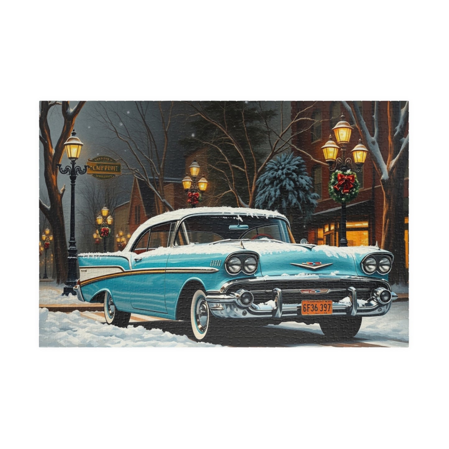 Vintage Car Puzzle - Winter Scene, Retro Classic Vehicle 1957 Bel Air Jigsaw Game 1014 pcs (Horizontal) Puzzle The Puzzle Chest