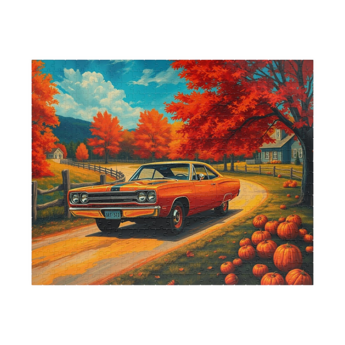 Autumn Vintage Car Puzzle, Orange 1969 Plymouth Road Runner, Retro Auto Jigsaw Game, Relaxing Fall Vibes, Gift for Car Lovers, Solo Fun 520 pcs (Horizontal) Puzzle The Puzzle Chest