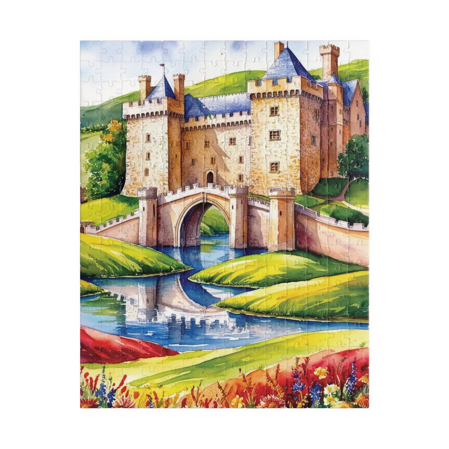 Medieval Castle Landscape Jigsaw Puzzle, Serene Moat Drawbridge Rolling Hills and Colorful Flowers, Challenging Family Game, Mindfulness 252 pcs (Vertical) Puzzle The Puzzle Chest