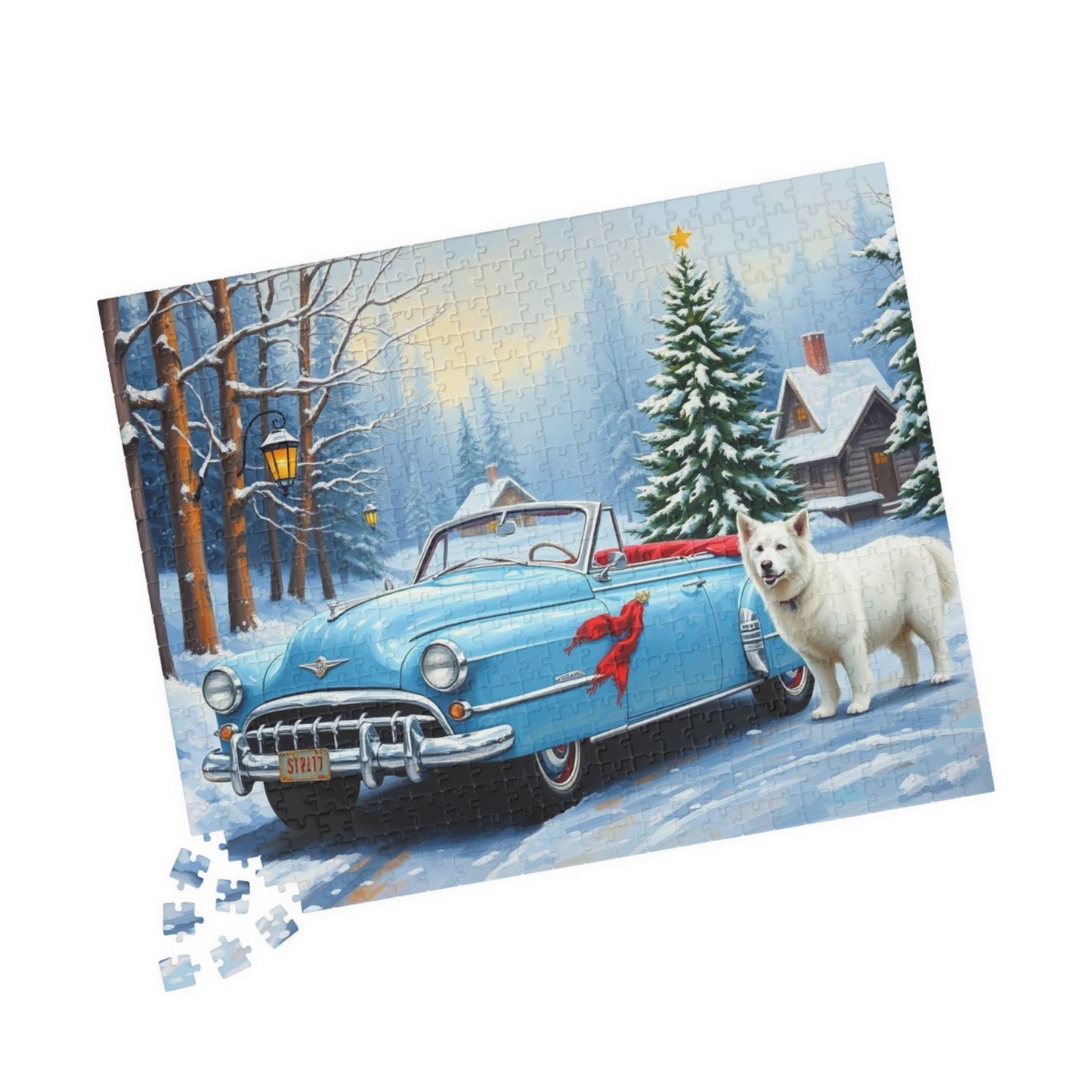 Evergreen Lane Jigsaw Puzzle - Vintage Car and Dog Scene, Holiday Gift for Friends, Family Activity, Christmas Cozy Indoor Fun Art Piece Puzzle The Puzzle Chest