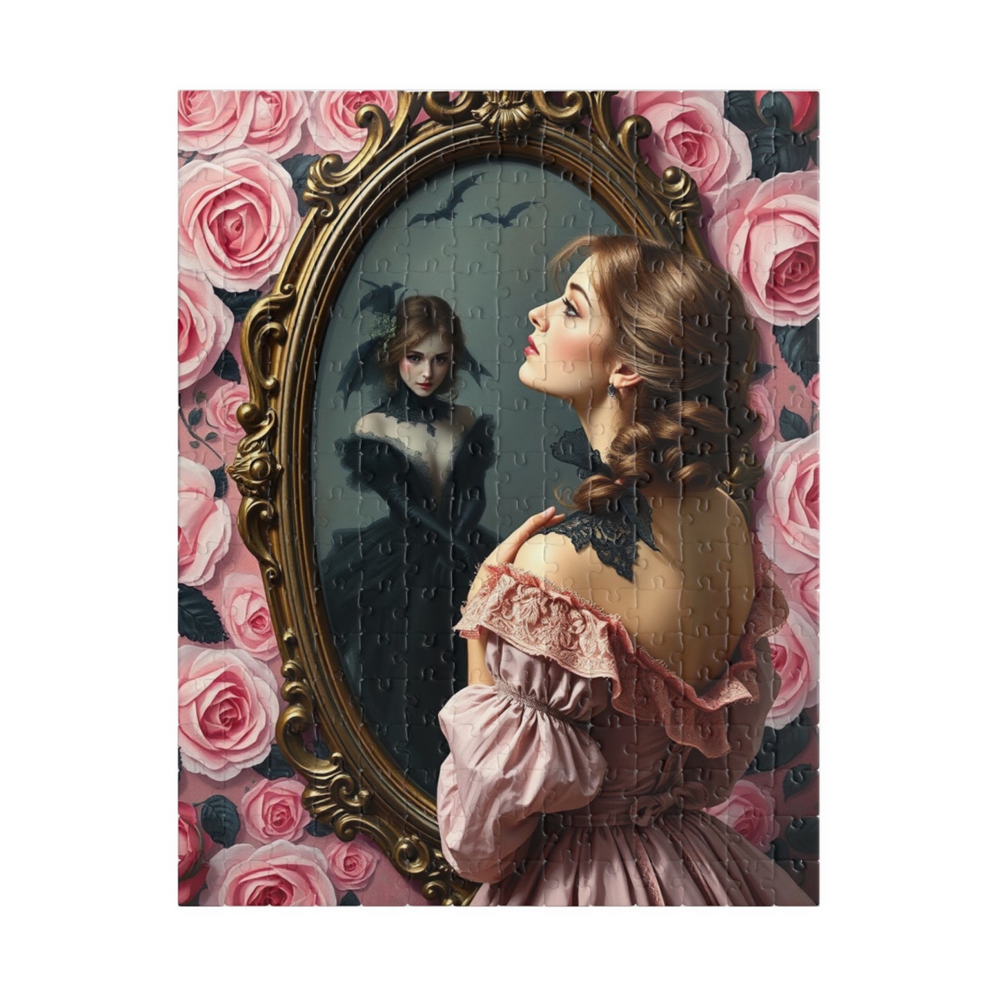 Dark Romance Gothic Puzzle, Victorian Woman and Floral Mirror Transformation Scene, Fantasy Fairytale Jigsaw Game for Adults, Unique Gift 252 pcs (Vertical) Puzzle The Puzzle Chest