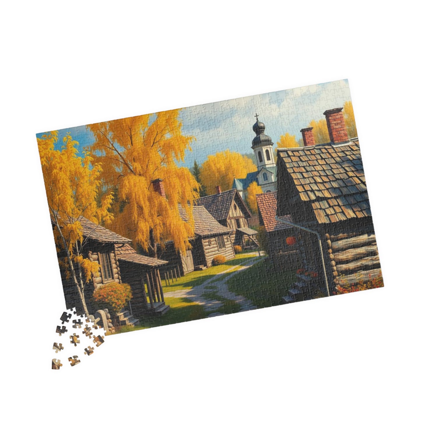 Rustic Slavic Village Jigsaw Puzzle for Adults, Autumn Wooden Cottages Golden Birch Trees, Gift for Friends, Family Activity, Creative Hobby Puzzle The Puzzle Chest