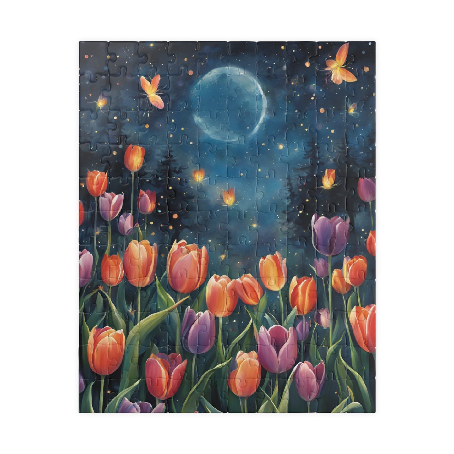 Moonlit Tulip Garden Puzzle, Glowing Tulips and Fireflies Tranquil Night Fantasy Adult Jigsaw Game, Nature-Inspired Gift for Puzzle Fanatic 110 pcs (Vertical) Puzzle The Puzzle Chest