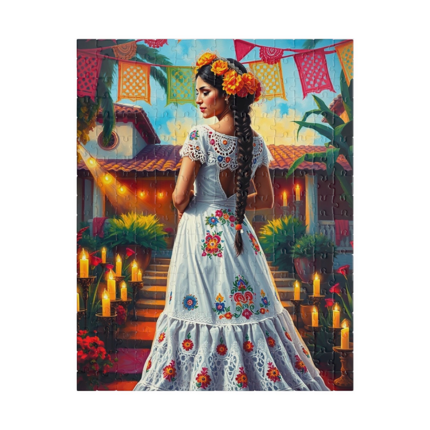 Mexican Bride Jigsaw Puzzle (110-1014 Piece), Lace Gown, Otomi Flowers, Hacienda Candles, Wedding Dress Design, Cultural Artwork Folklore 252 pcs (Vertical) Puzzle The Puzzle Chest