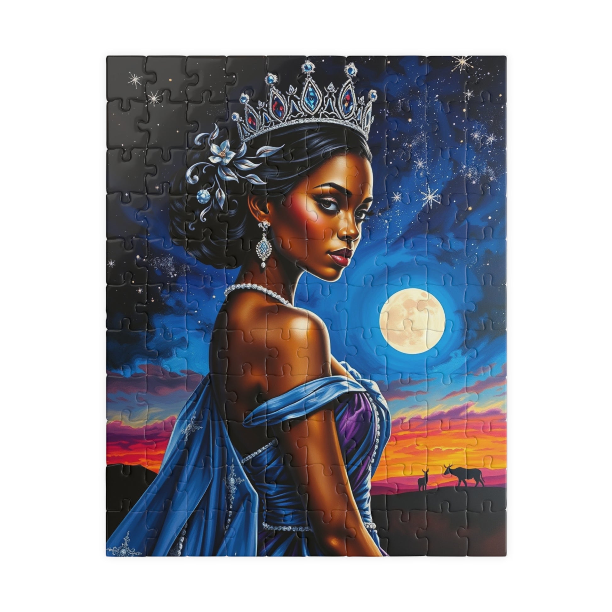 Celestial Themed African Princess Puzzle, Moon Stars Animal Silhouette, Vibrant Blue Afrocentric Game, Mindful Activity, Puzzle Lover Gift 110 pcs (Vertical) Puzzle The Puzzle Chest