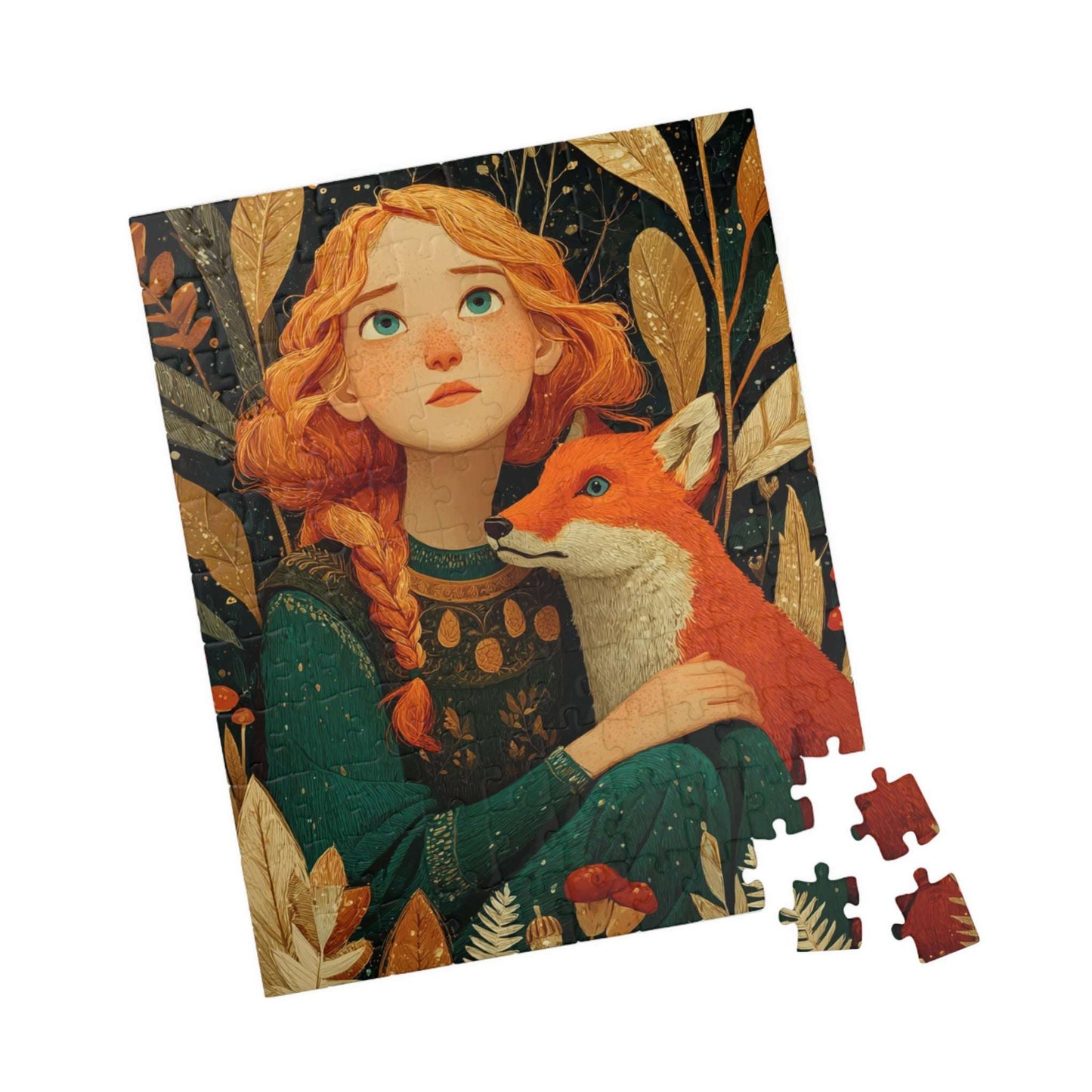 Autumn Forest Glade Jigsaw Puzzle - Auburn-Haired Girl and Playful Fox, Whimsical Art Game for Family or Solo Fun, Gifts, Brain Teaser 110 pcs (Vertical) Puzzle The Puzzle Chest