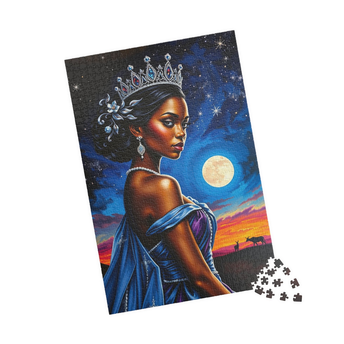 Celestial Themed African Princess Puzzle, Moon Stars Animal Silhouette, Vibrant Blue Afrocentric Game, Mindful Activity, Puzzle Lover Gift Puzzle The Puzzle Chest