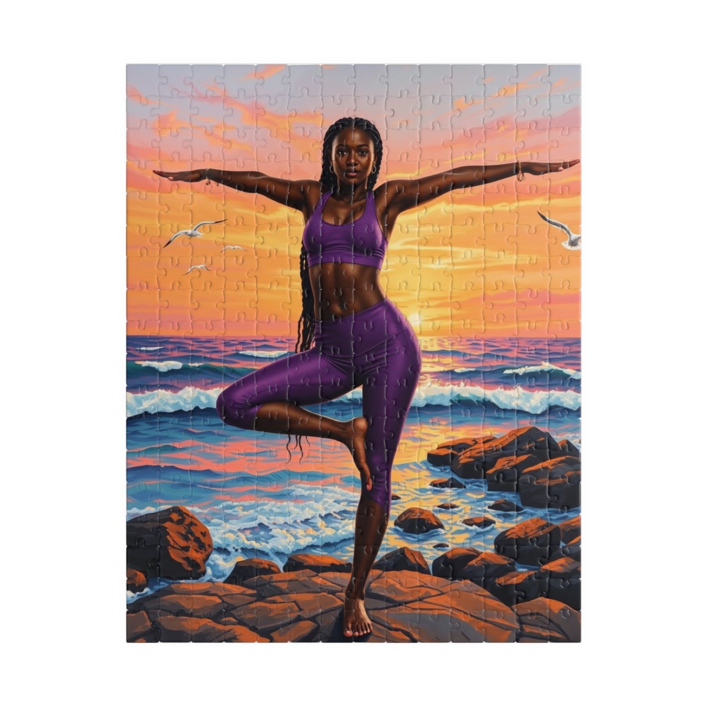 Yoga Sunset Puzzle - 110, 252, 520, 1014-piece African American Woman Beach Scene, Relaxing Gift, Mindfulness Family Activity, Fitness Lover 252 pcs (Vertical) The Puzzle Chest