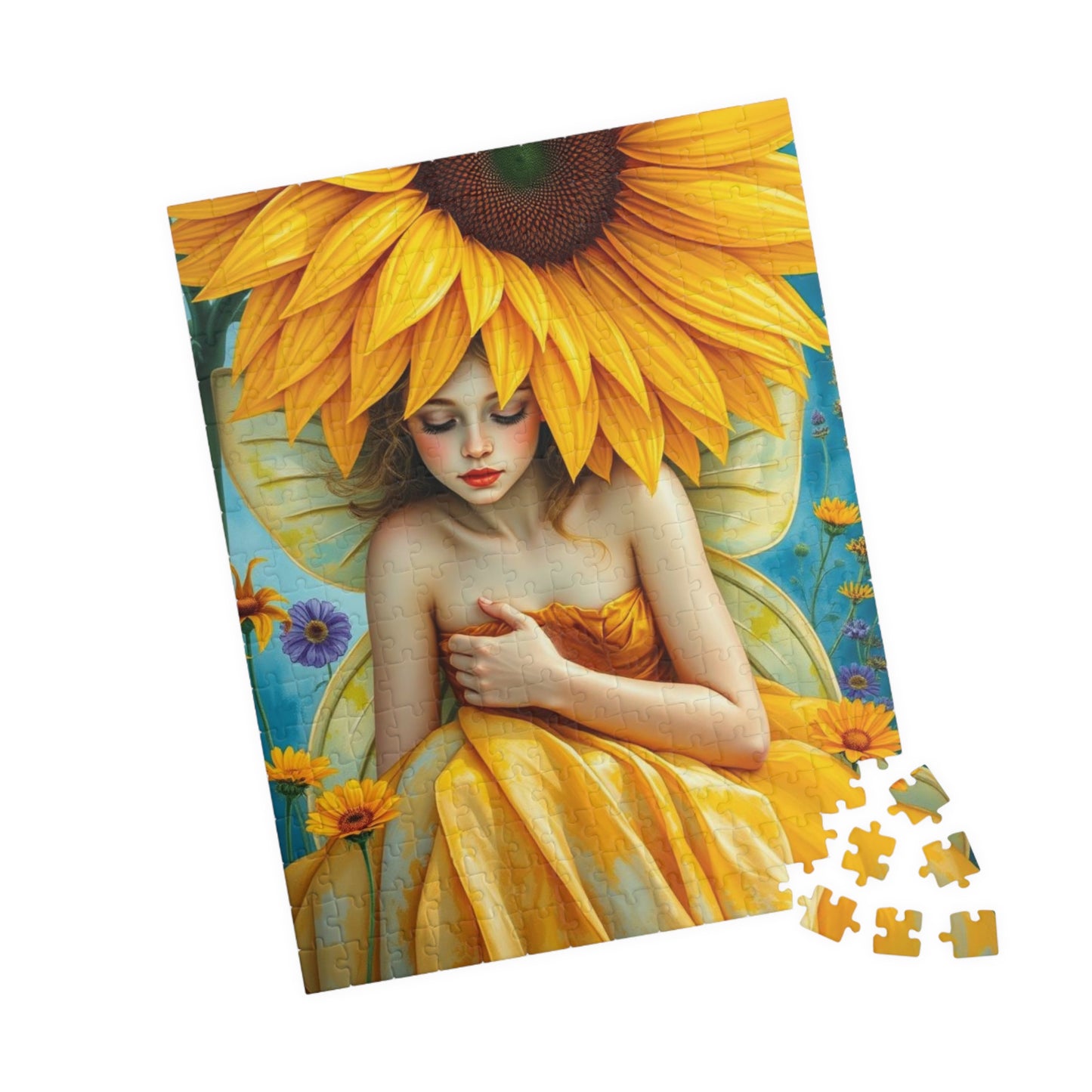 Sunflower Shade Fairy Jigsaw Puzzle, Floral Art Mythical Fantasy Game, Holiday or Birthday Gift for Friend, Decor, Mindfulness Activity