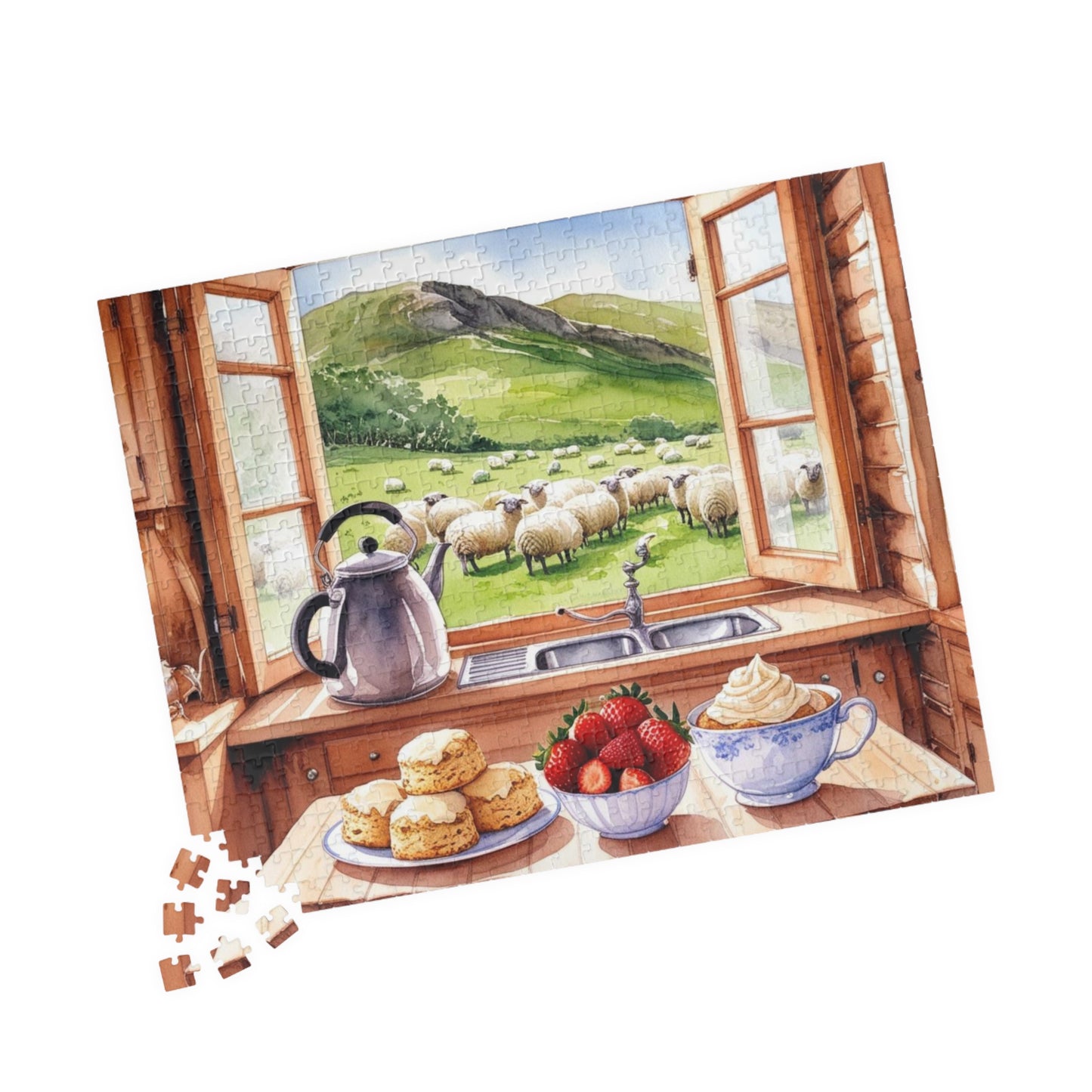 Alpine Backdrop Kitchen Puzzle (110-1014 Piece), Tea and Scones Foodie Jigsaw, Nature and Food Theme Game, Quiet Leisure Activity, Hobby Puzzle The Puzzle Chest