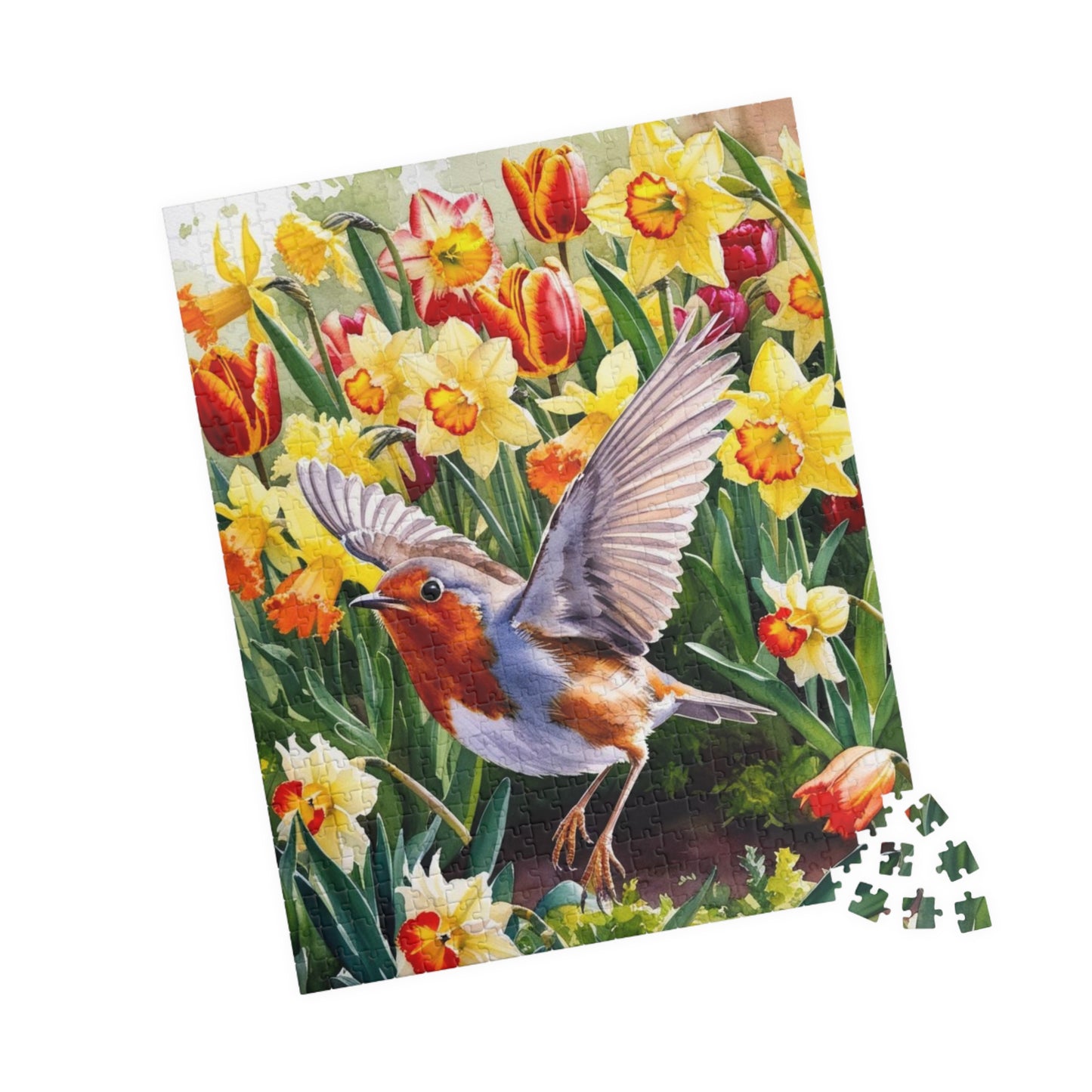 Robin Bird Flying Garden Puzzle, Tulips Daffodils Spring Landscape Jigsaw, 110 252 520 1014 Piece Game, Relaxation Hobby Gift, Nature Puzzle The Puzzle Chest