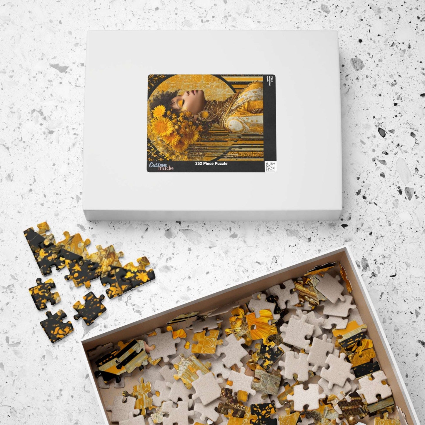 Elegant Afrocentric Jigsaw Puzzle - Melanin African American Queen in Gold Jewelry and Flower Crown Puzzle The Puzzle Chest