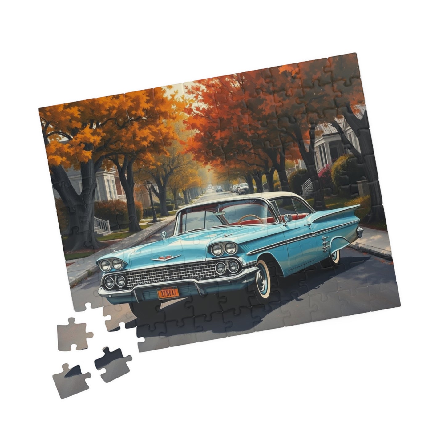 Vintage Car Jigsaw Puzzle, Classic 1958 Impala, Retro 1950s Flower-Lined Neighborhood Scene Puzzle The Puzzle Chest