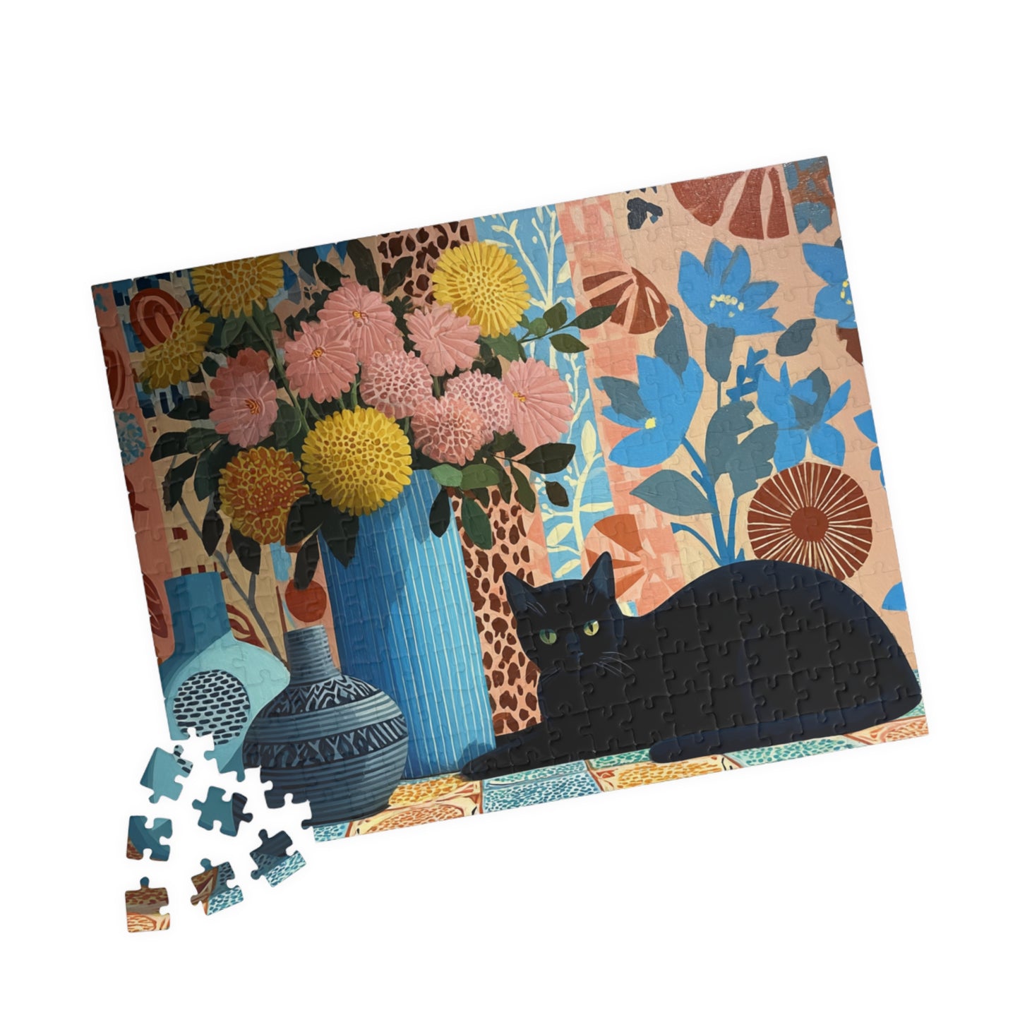 Cat with Blue Vase – Matisse-Inspired Fauvist Kitten Jigsaw Puzzle, Animal Theme Floral Cat Art Puzzle 252 pcs (Horizontal) Puzzle The Puzzle Chest