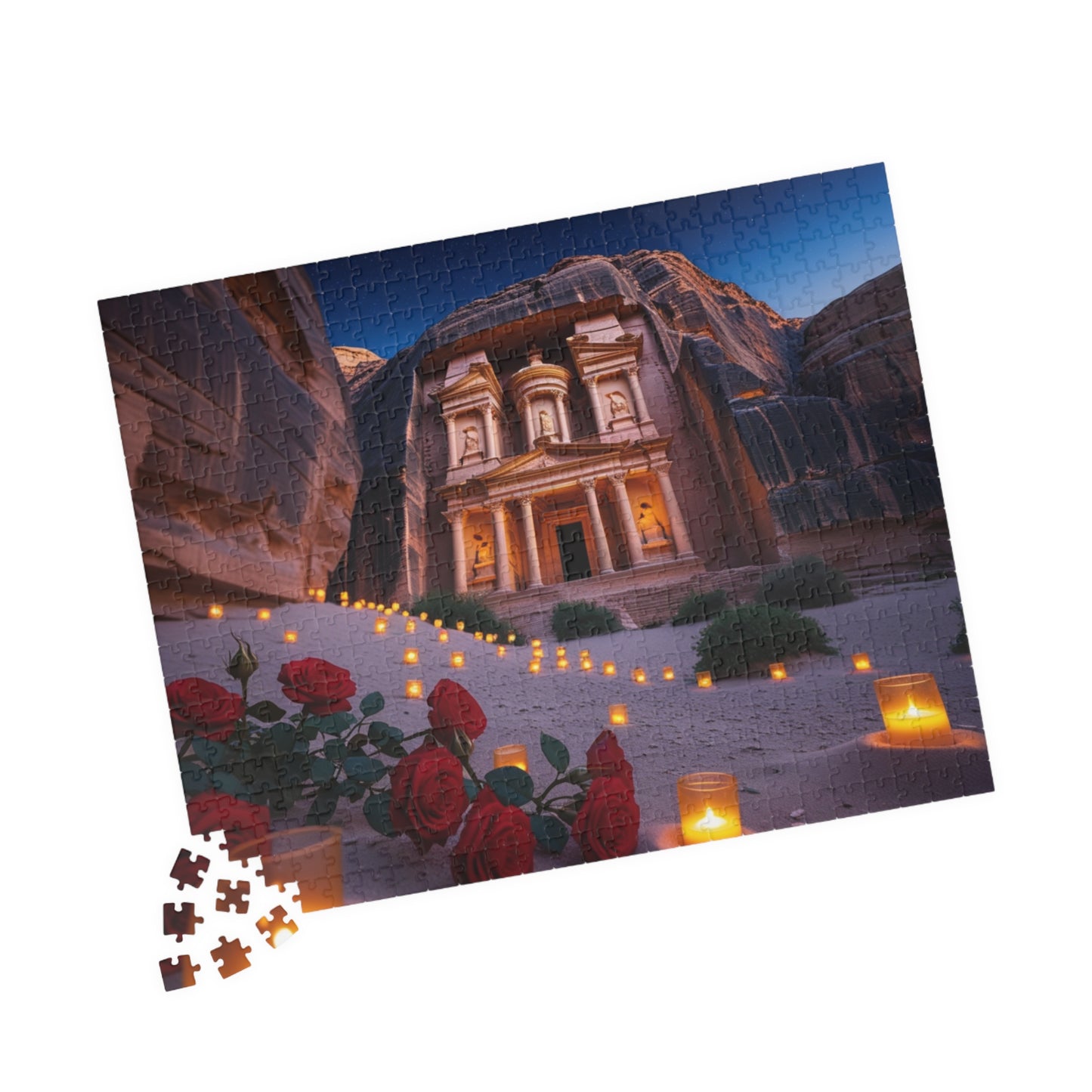 The Treasury at Petras Twilight Jigsaw Puzzle, Famous Ancient Landmark, Candlelit Lanterns Desert Roses, Mindfulness Gift for Puzzle Lover Puzzle The Puzzle Chest