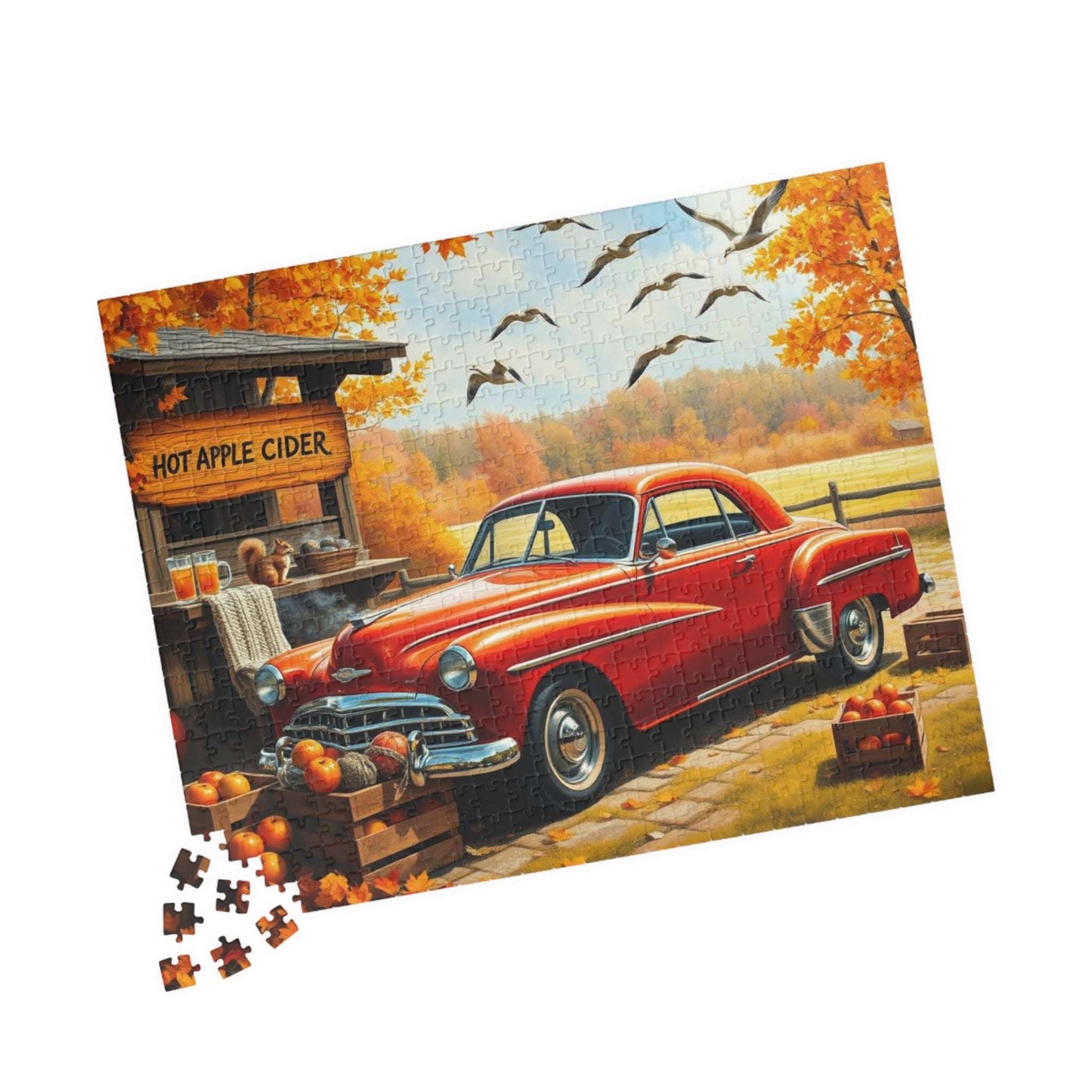 Apple Cider Stand Stop Fall Themed Jigsaw Puzzle - Retro Car Scene, Family Fun Activity, Autumn Decor Gift, Cozy Indoor Entertainment