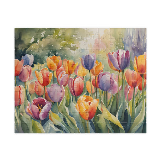 Colorful Flowers Jigsaw Puzzle, Whimsical Tulip Art Botanical Tabletop Game 110 pcs (Horizontal) Puzzle The Puzzle Chest