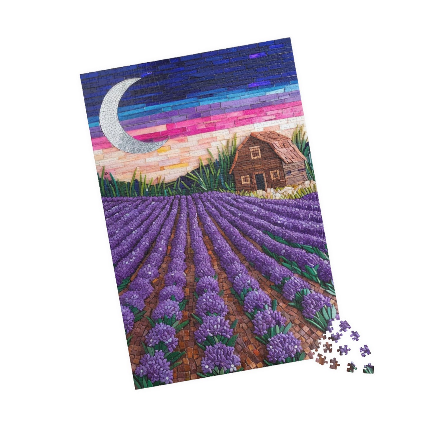 Jigsaw Puzzle, Lavender Fields Mosaic Landscape 110 252 520 1014-piece, Earthy Farmhouse Flower Rows, Rustic Mosaic Tiles Puzzle, Floral Puzzle The Puzzle Chest