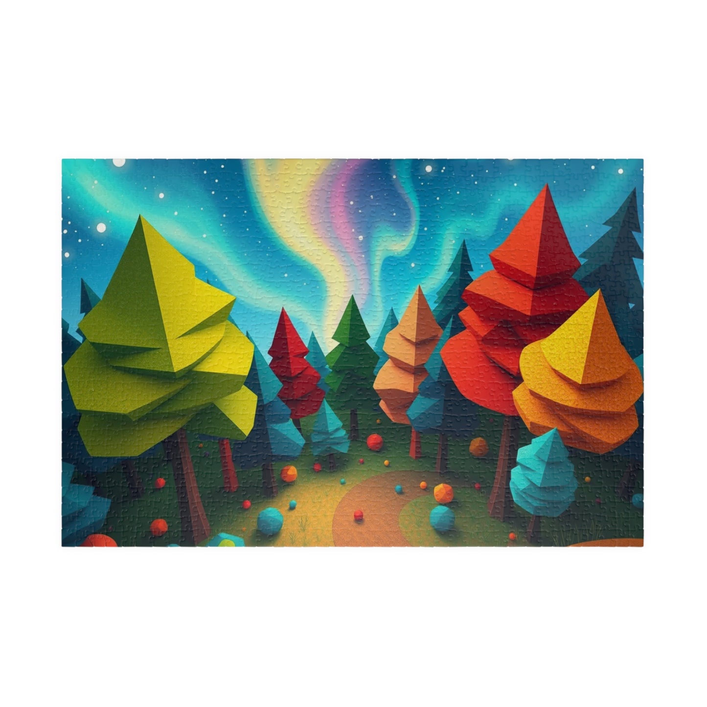 Abstract Landscape Jigsaw Puzzle, Magical Forest with Geometric Trees Aurora Sky, Challenging Game for Mental Exercise, Puzzle Lover Gift 1014 pcs (Horizontal) Puzzle The Puzzle Chest
