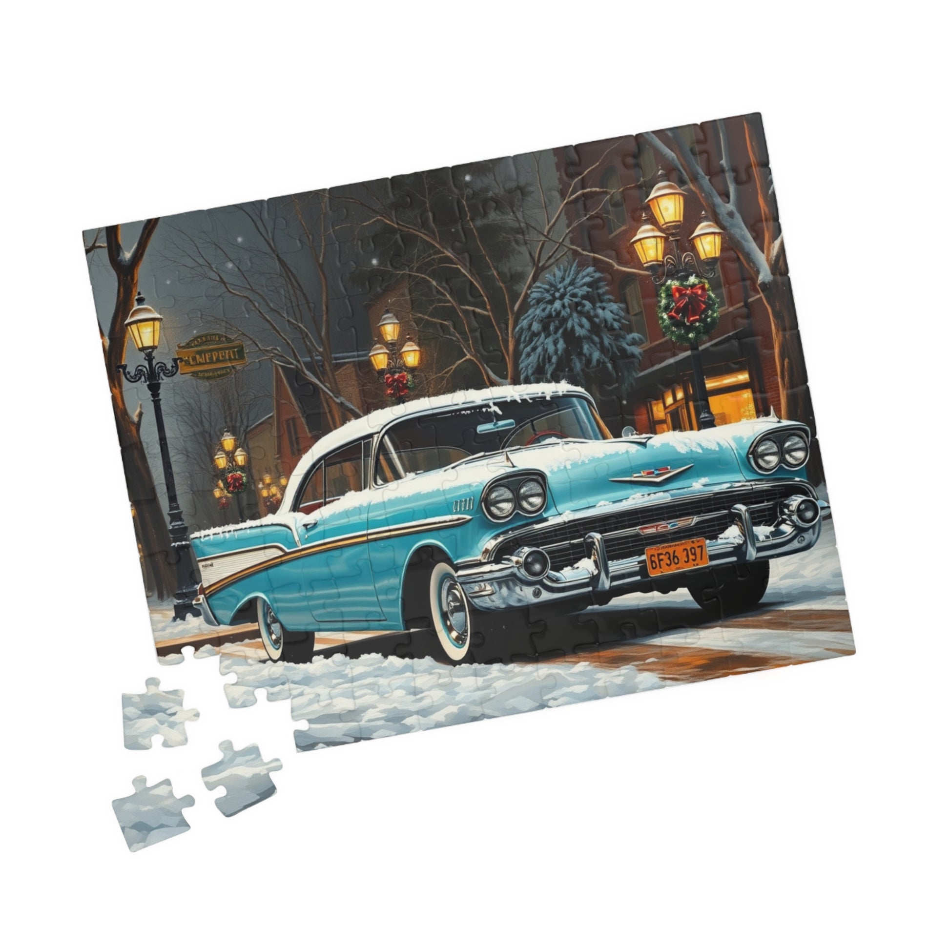 Vintage Car Puzzle - Winter Scene, Retro Classic Vehicle 1957 Bel Air Jigsaw Game Puzzle The Puzzle Chest