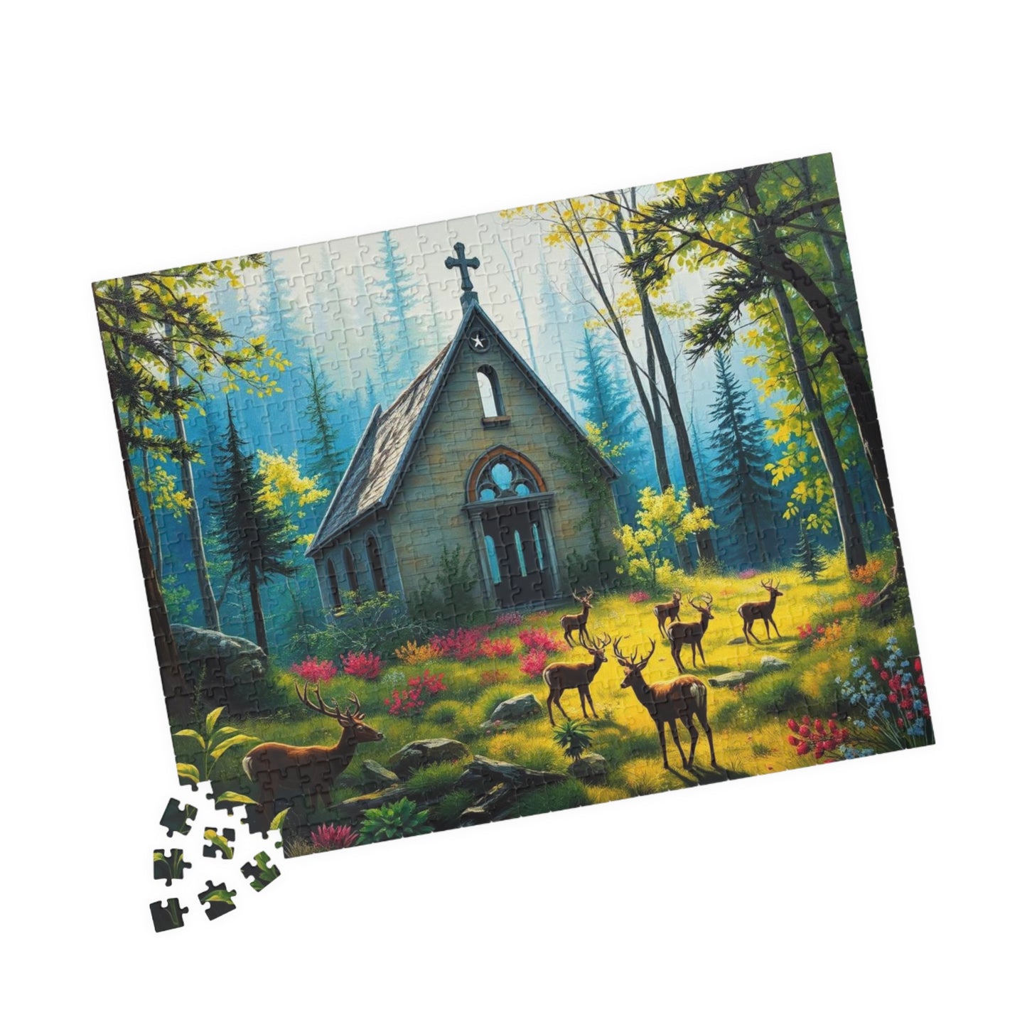 Sancturary Reclaimed Jigsaw Puzzle - Collapsed Chapel in Forest, Deer Puzzle, Gothic Puzzle, Serene Nature Puzzle, Wildlife Art Print Puzzle The Puzzle Chest