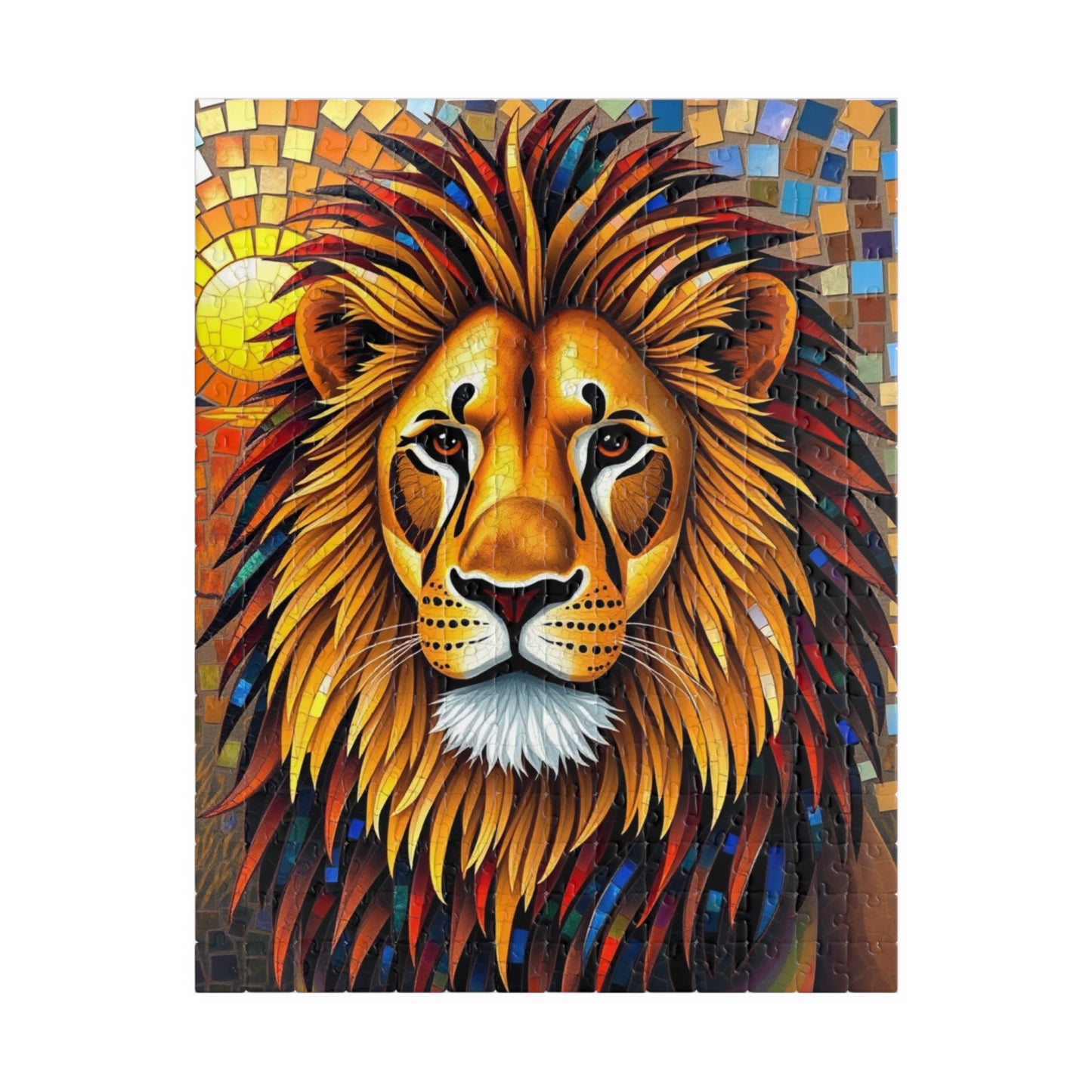 Beautiful Mosaic Lion Jigsaw Puzzle, Majestic Colorful Animal Wildlife Game with Vibrant Savannah Sunset, Animal Lover Art Fan Unique Gift 252 pcs (Vertical) Puzzle The Puzzle Chest