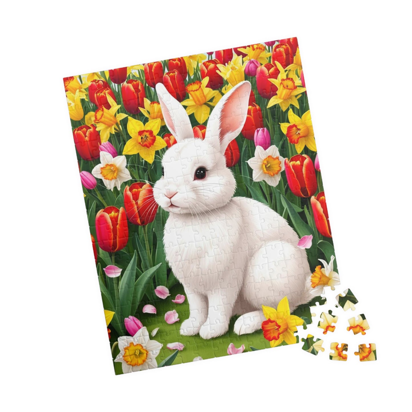Puzzle - Fluffy Rabbit in Colorful Garden with Tulips and Daffodils, Fun Nature Jigsaw Game, Relaxing Hobby, Easter Gift, Mindful Activity Puzzle The Puzzle Chest