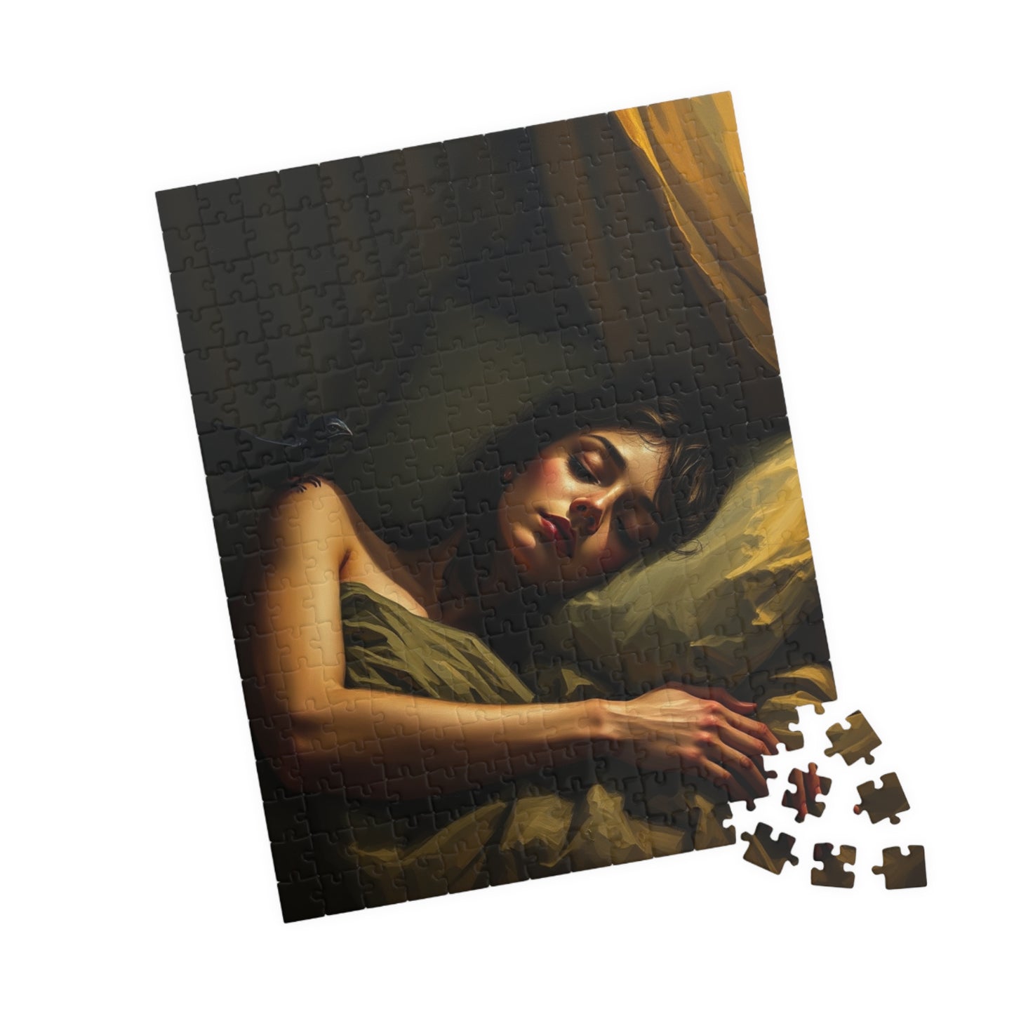 Gothic Puzzle - Dimly Lit Bedroom with Sleeping Woman and Dark Creature, Eerie Atmosphere, 110-1014 Piece Jigsaw, Adult Unisex Activity, Puzzle The Puzzle Chest