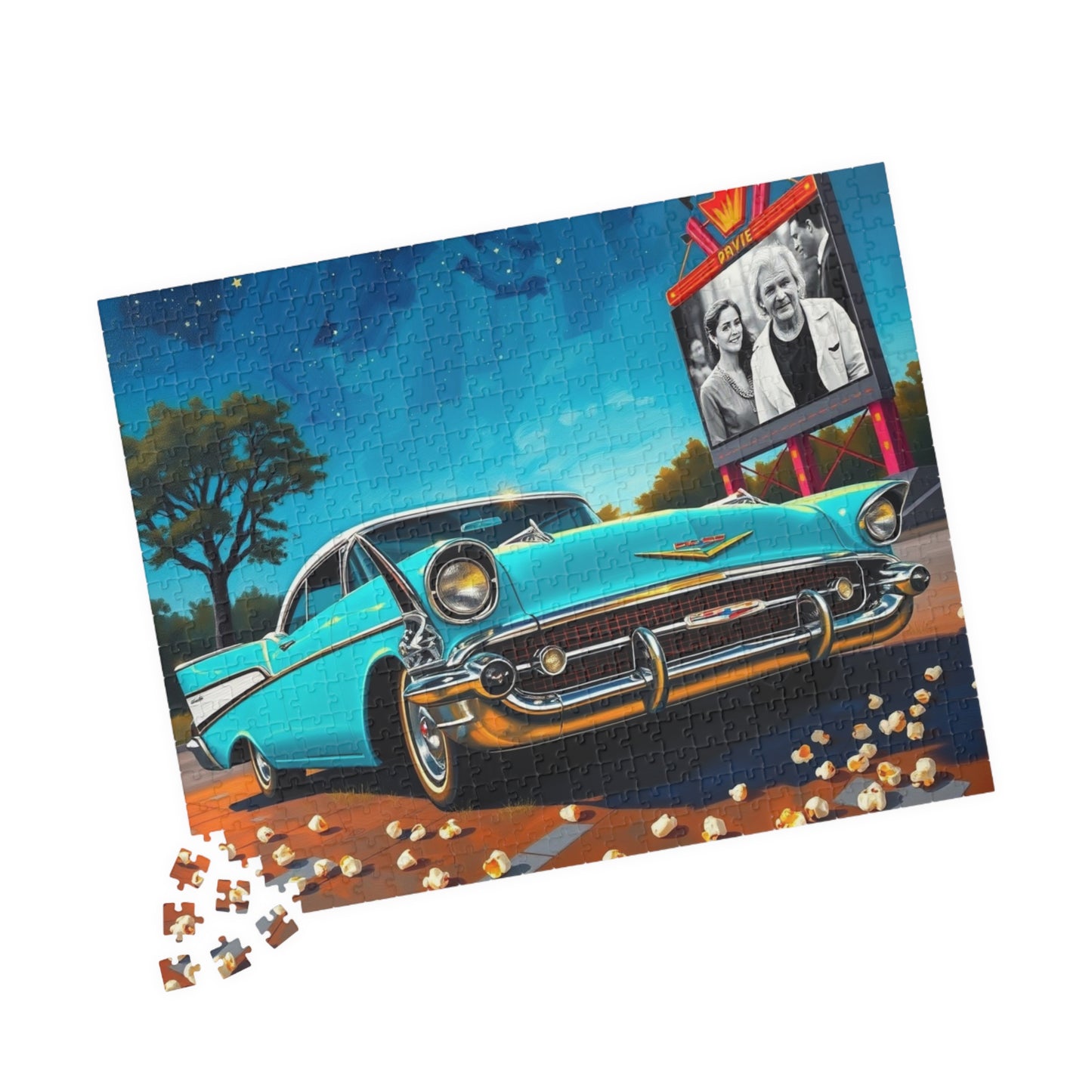 Nostalgic 1950s Car Puzzle, Turquoise Bel Air at Neon-Lit Drive-In, Classic American Car Enthusiast, Best Gift for Him, Mindfulness Puzzle The Puzzle Chest