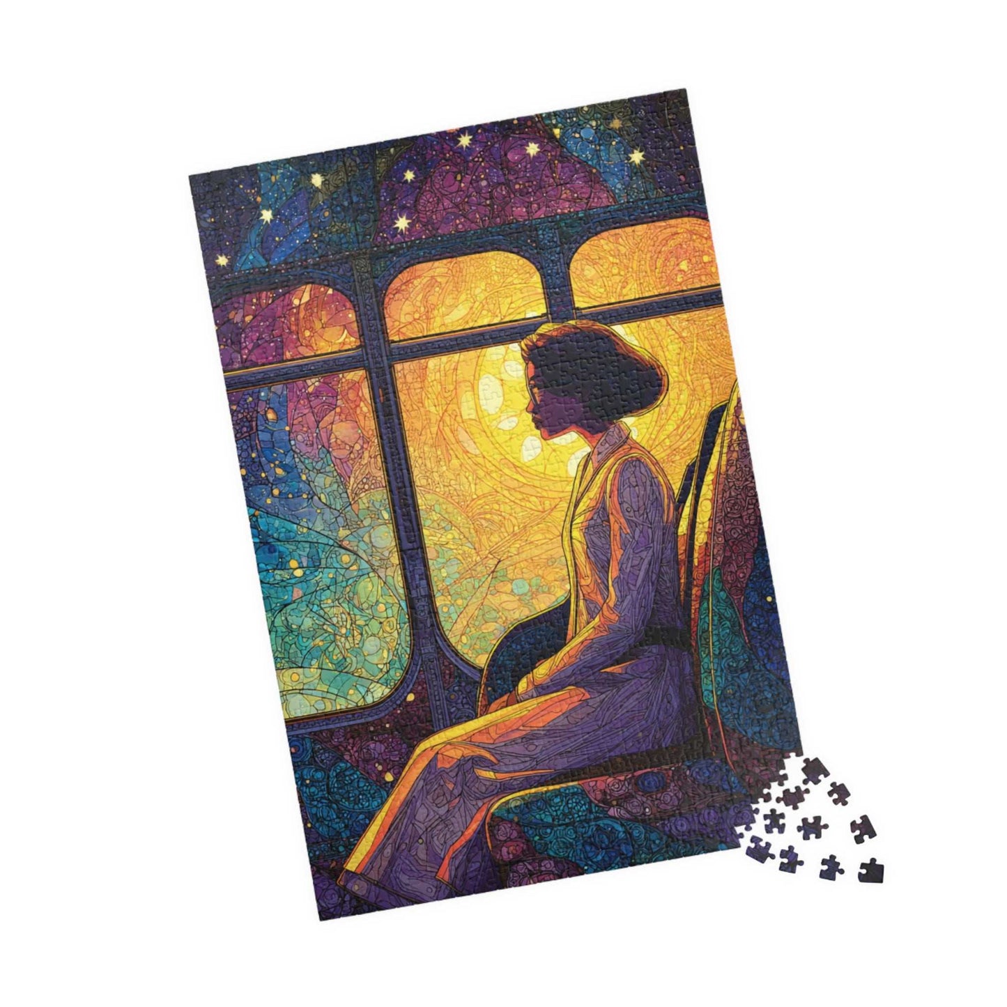Afrocentric Rosa Parks Puzzle – Black History Figure Jigsaw, Stained Glass Illustration, Civil Rights Hero Artwork, Golden Glow Bus Scene, Abstract Star Patterns 1014 pcs (Vertical) Puzzle The Puzzle Chest