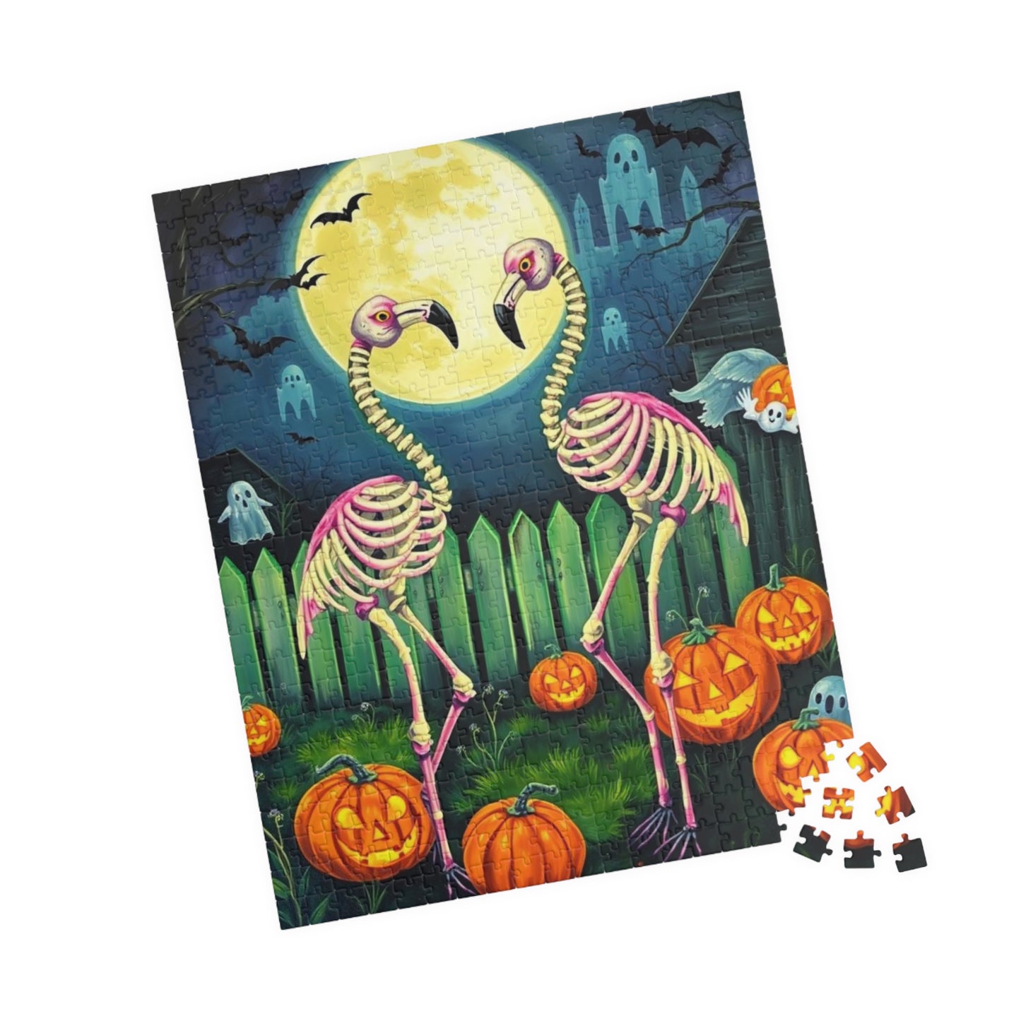 Spooky Garden Waltz Flamingo Jigsaw Puzzle, Halloween-Themed Family Fun Activity, Gift for Puzzle Enthusiast, Festive Puzzle 110-520 Pieces