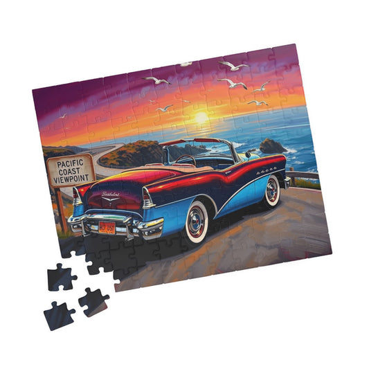 Vintage Car Puzzle, Sky Blue 1953 Convertible, Classic Vehicle at a Scenic California Overlook Puzzle The Puzzle Chest