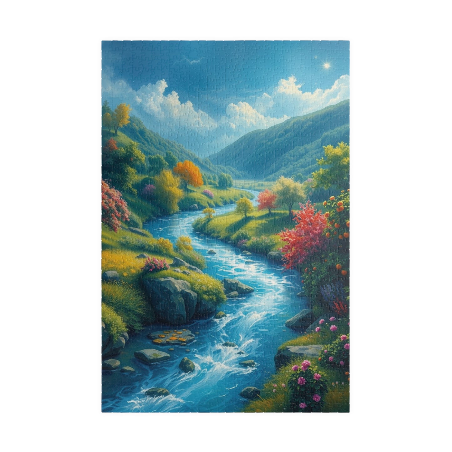 Mystical River Valley Jigsaw Puzzle, Fantasy Landscape with Vibrant Trees and Flowers, Ethereal Scene of Nature's Beauty and Tranquility 1014 pcs (Vertical) Puzzle The Puzzle Chest
