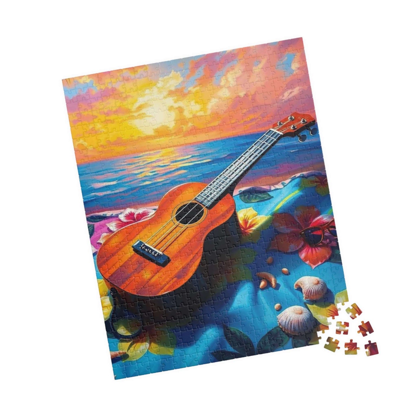 Ukulele Beach Vibes Jigsaw Puzzle - Tropical Hibiscus Towel, Seashells & Sunglasses, Holiday Birthday Gift for Music Lover, Musician