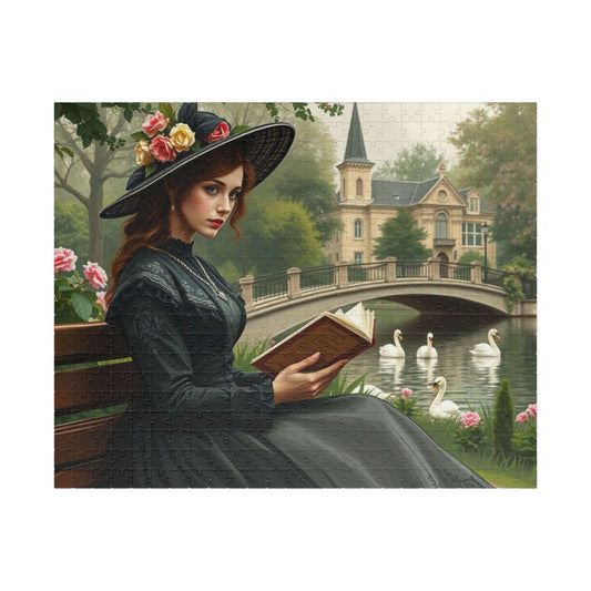 Tranquil Victorian Moment Jigsaw Puzzle - Woman Reading by a Swan-Filled Pond, Elegant 19th Century Scene Puzzle The Puzzle Chest