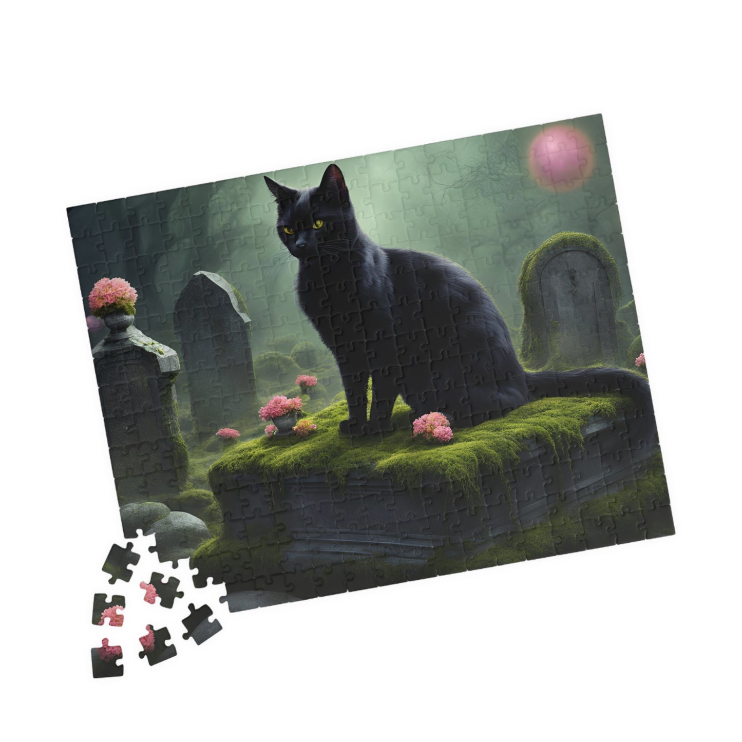 Gothic Cat Puzzle (110-1014 Piece), Black Kitten on Tombstone, Eerie Graveyard Jigsaw Game, Halloween Activity, Gift for Animal Cat Lovers Puzzle The Puzzle Chest