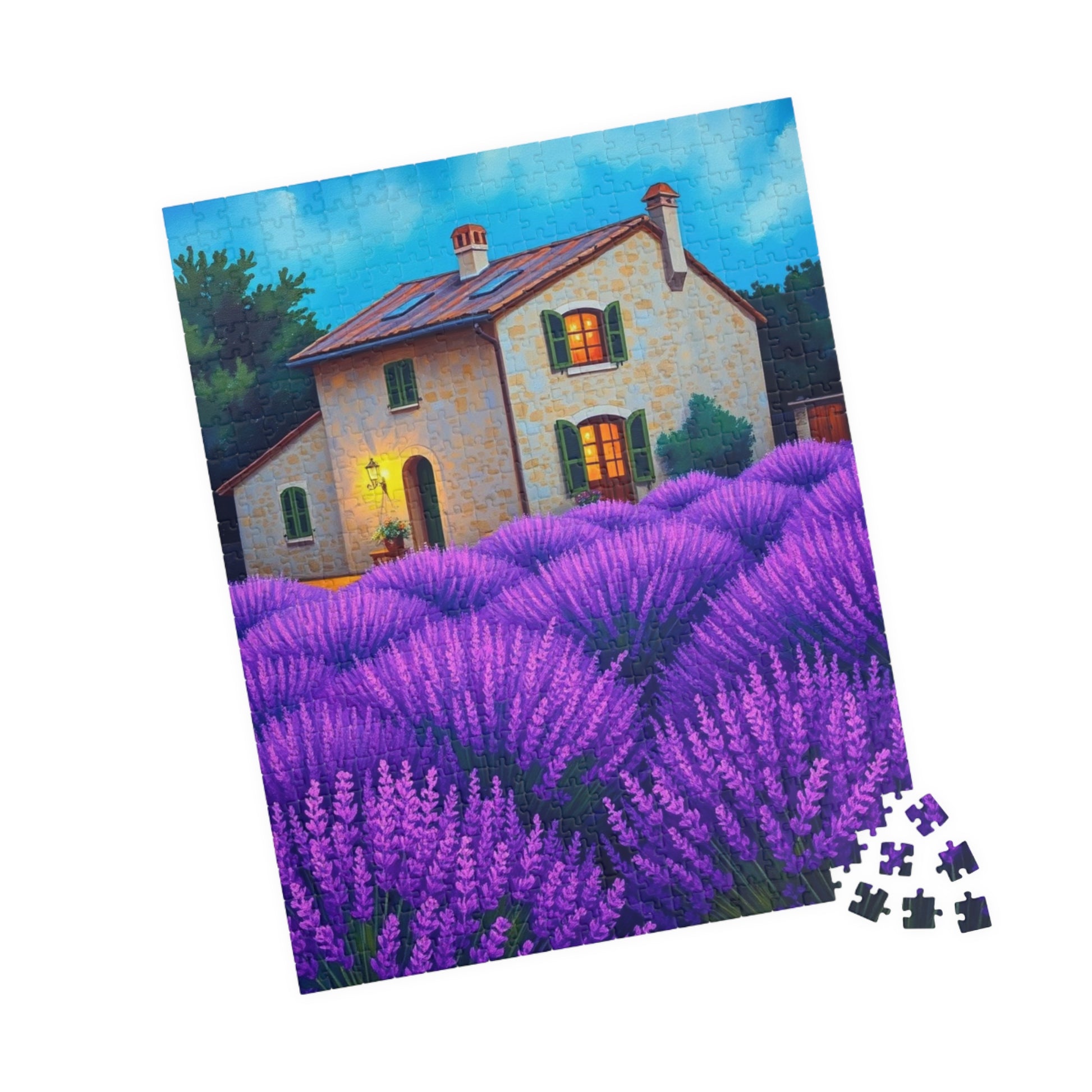 Puzzle, Bioluminescent Lavender Fields in Provence, France, 110/252/520/1014-Piece, Rustic Stone Farmhouse, Wooden Shutters, Vibrant Purple Puzzle The Puzzle Chest