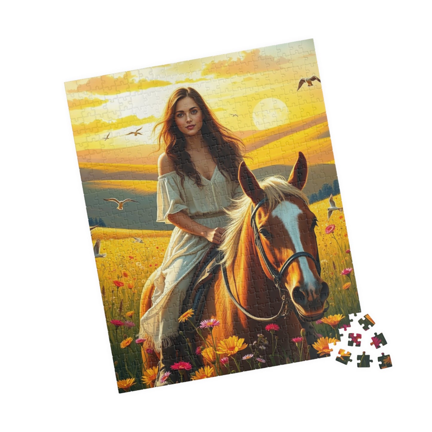Woman on Horseback in Sunlit Wildflower Field Puzzle, Equestrian Horse Scene Jigsaw Game, Mindful Activity, Puzzle Animal and Art Lover Gift Puzzle The Puzzle Chest