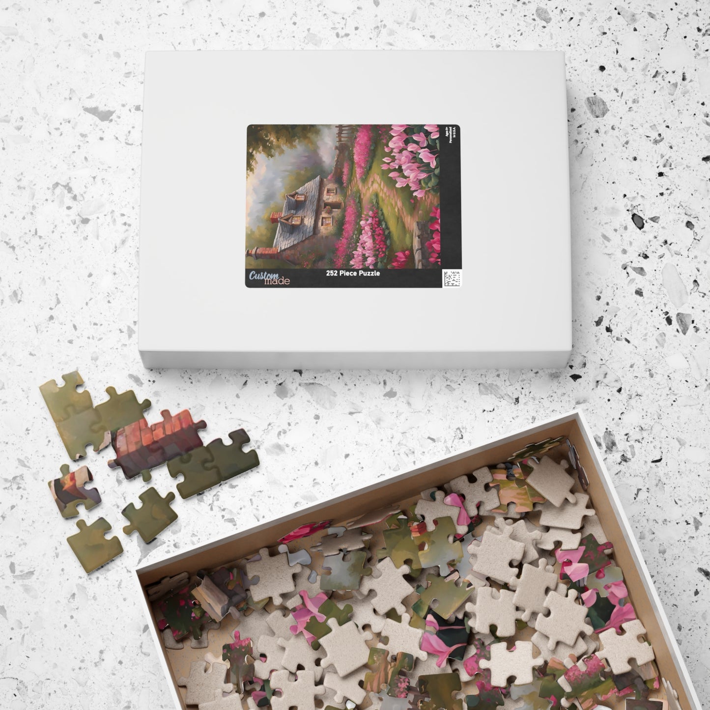 Enchanted Stone Cottage Puzzle, Thatched Roof Home Blooming Cyclamen Meadow, Idyllic Countryside Pink Purple Floral Landscape Game, Giftable Puzzle The Puzzle Chest