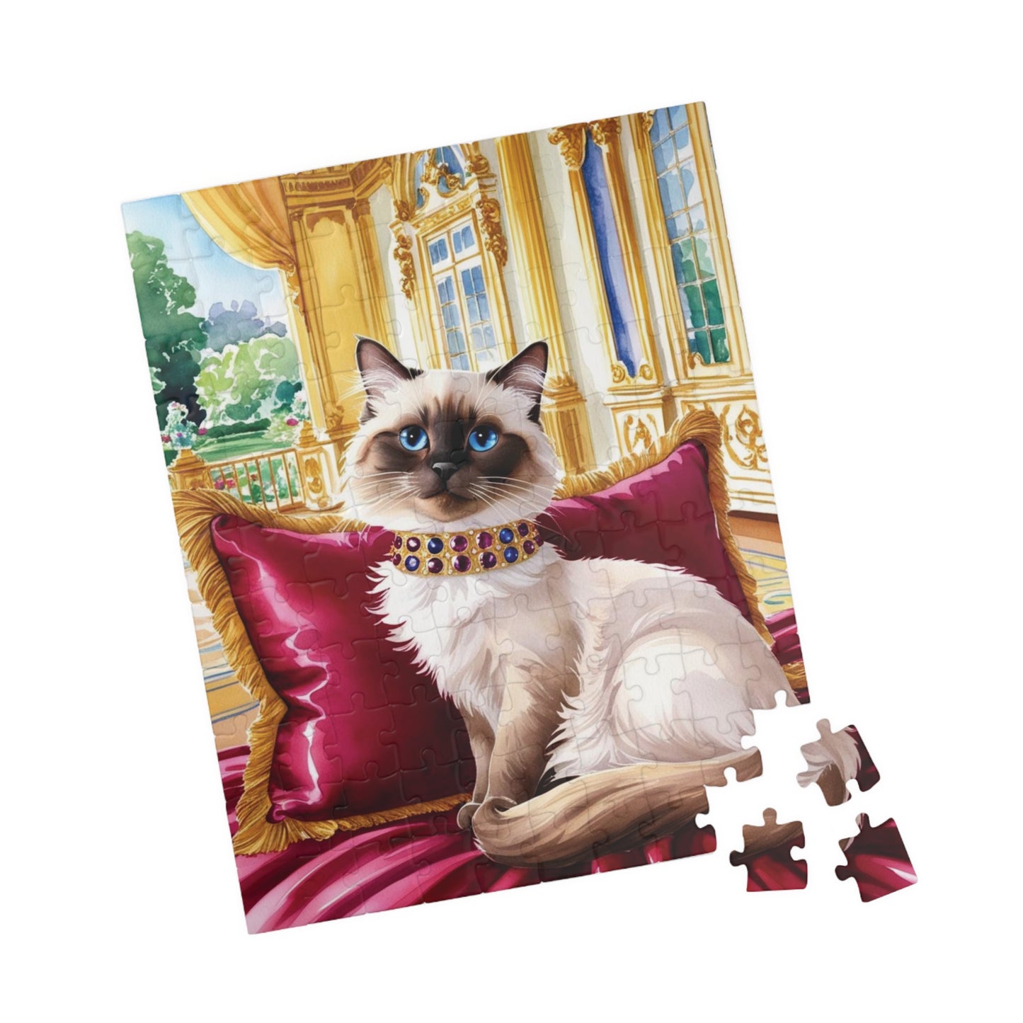 Jigsaw Puzzle - Siamese Cat with Jeweled Collar, Opulent Palace Room, Animal Puzzle, Relaxing Cat Puzzle, Silk Pillow Puzzle, Cat Lover Gift Puzzle The Puzzle Chest