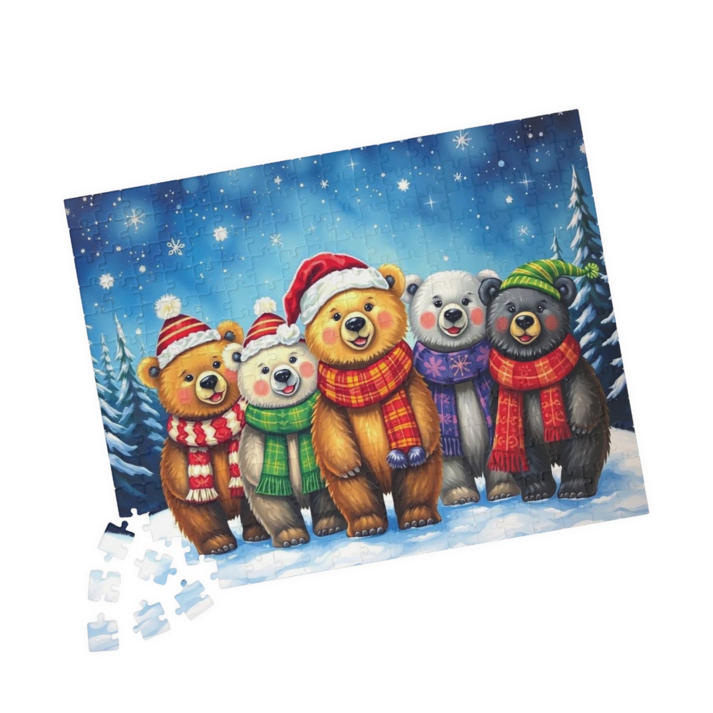 Starlit Christmas Bears Jigsaw Puzzle, Festive Bear Family Game for Holiday Fun, Birthday Gift, Cozy Nights Solo Activity, Family Game Night