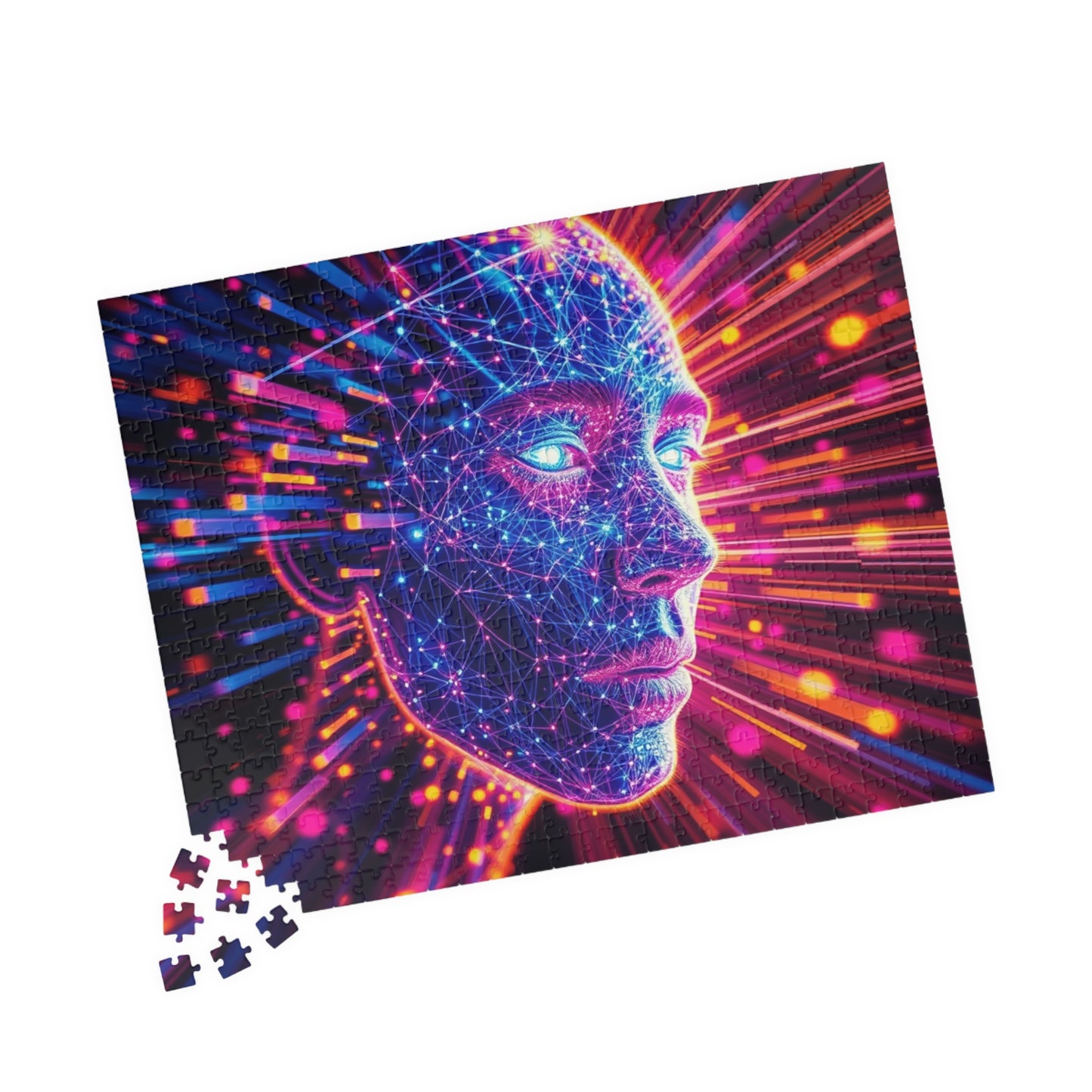 Abstract Human Face Jigsaw Puzzle, Colorful Glowing Electric Lines and Dots Design, Unique Gift for Bold Modern Art Lover Collector Hobbyist Puzzle The Puzzle Chest